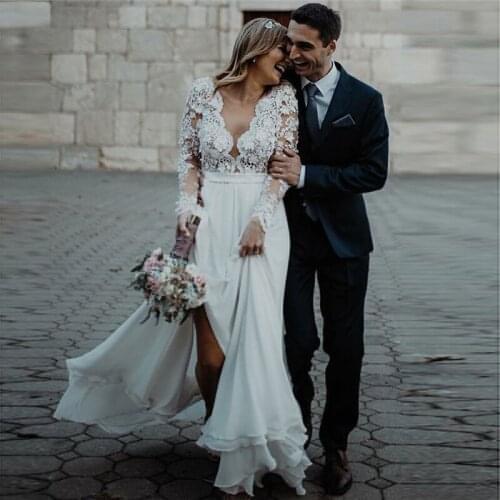 Booma Long Sleeve Lace with Appliqued Wedding Dress with Split Chiffon Back Illusion Beach Boho Princess Bride Gowns Plus Size