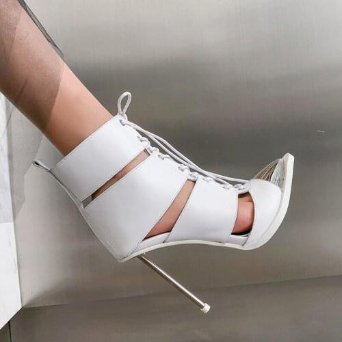 Botas 2020 Summer Latest Fashion Solid White Decor High-heeled Genunie Leather Sandals Lace up Sexy fashion Ankle Boots Woman