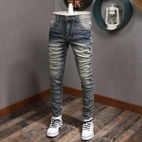 Autumn New Mens Vintage Blue Ripped Jeans Casual Cotton Denim Slim Fit Pencil Pants For Cowboy Man