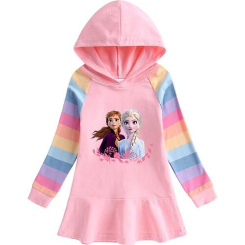 Disney Frozen Dress Rainbow Sleeve Childrens Long Sleeve Hooded Anna Elsa Princess Dress Cartoon Girls Christmas Kids Clothes