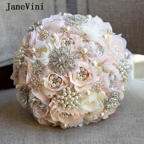 JaneVini Elegant Champagne Ivory Silk Wedding Bouquets Shiny Crystal Pearls Bridal Holding Flowers Jewelry Wedding Accessories