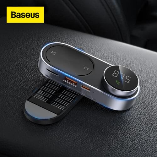 Baseus Solar FM Modulator Transmitter Bluetooth 5.0 Handsfree Wireless MP3 Player Magnetic USB Car Charger AUX Audio Car Kit
