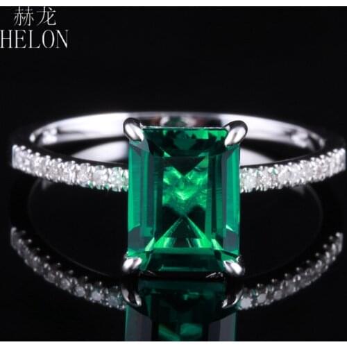 HELON 10K White Gold Emerald Cut 5x7mm Treated Emerald Diamonds Wedding Ring Solid Engagement Gemstone Ring Women Fine Jewelry
