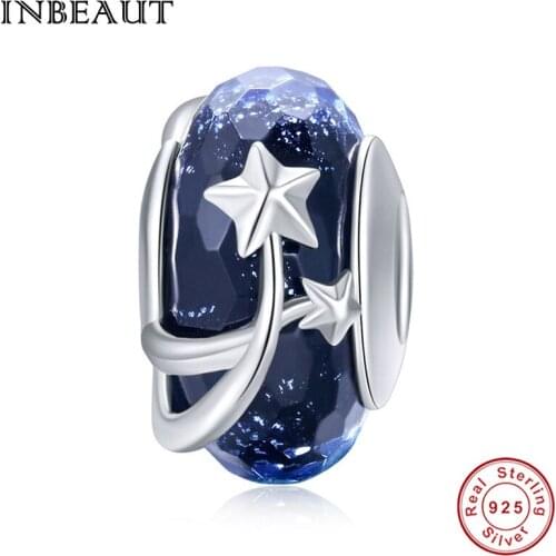 INBEAUT 100% 925 Sterling Silver Dark Blue Night Sky Star Glass Charm Beads fit Trendy Bracelet for Teen Girls Party Jewelry