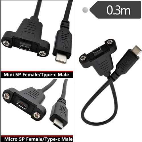USB3.1 Type C Male To Micro / mini USB 2.0 5Pin female panel mount Data Cable 30cm