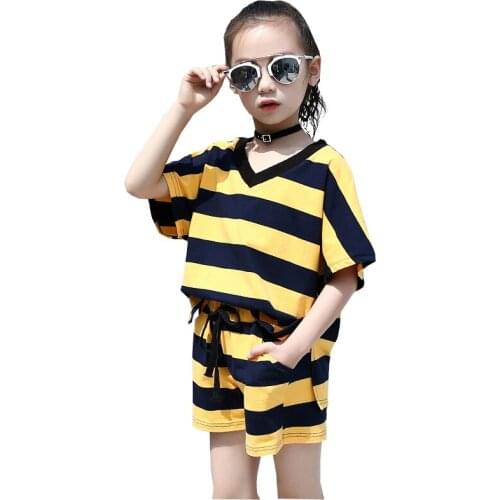 Teenage Girls Clothing Set Stripe T-shirt +Shorts Cotton Girl 2pcs Suit Children Yellow Black Sports Suit For 4 6 8 10 12 14 Y