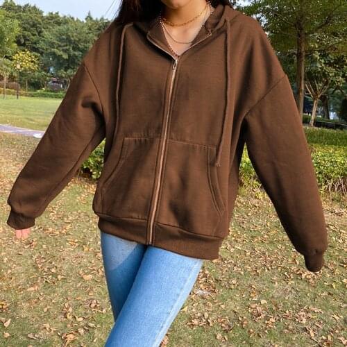 Harajuku Korean Fashion Brown Loose Winter Long-sleeved Hooded Coat Solid Color Retro Shirt Student Girl 2021 Casual Streetwear