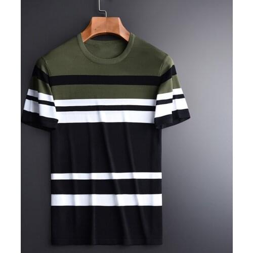 Summer Knitted Men Luxury Green Stripe Short Sleeve Mens T-shirts Plus Size 4xl Hight Quality Slim Fit Man Tee