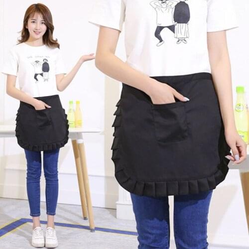 MCAO Retro Black Kitchen Ruffles Waist Half Aprons Waterproof with Pocket Tight for Waitress Women Baker Restaurant 2 Pcs TJ6216