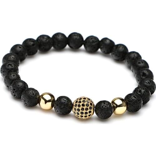 Mestylish Zircon Bracelets Jewelry Micro Pave CZ Ball Charm Bracelet Copper Spacer Lava Rock and Frosted Stone Beads Bracelets