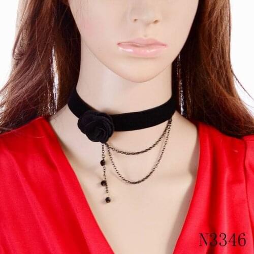 New Latest Model Design Black Chain Flower Elegant Bead Pendant Ribbon Choker Necklace Collar for Women Accessories