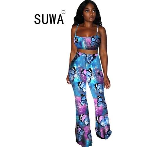 New Product chic sexy women two piece set vest crop top + high waist flare pants trousers suit evening party club outfits