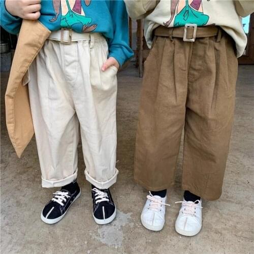 Autumn unisex cotton loose trousers with belt 2021 boys and girls casual fashion straight pants