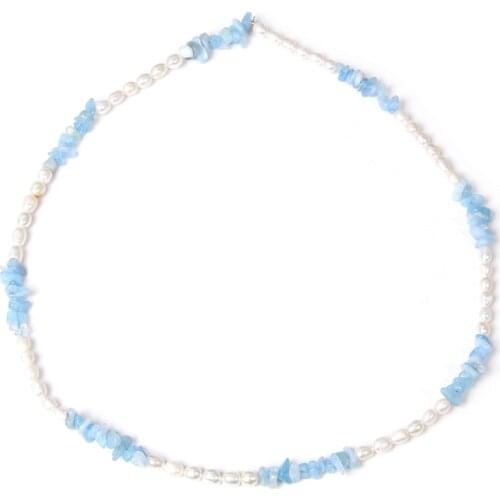 White Freshwater Pearls Necklace For Women Natural Chips Aquamarin Necklace Tiny Blue Gravel Beads Pendant Collar Party Jewelry
