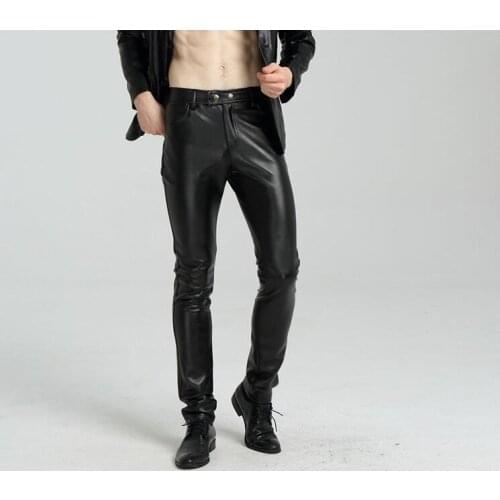 Plus velvet fashion casual motorcycle faux leather pants mens feet pants winter warm pu trousers for men pantalon homme black