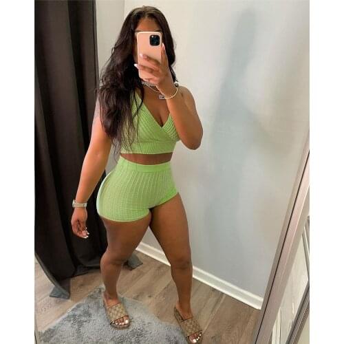 Casual Sportswear Shorts Tracksuit Women Sexy Knitted Rib Wrap V Neck Crop Top Biker Shorts Two Piece Set Outfits