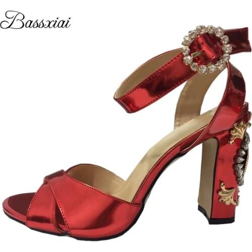 Crystal Clock Heel Sandals For Girls Women Metal Decoration Ankle Strappy Cross Band Open Toe Patent Leather Summer Sandalias
