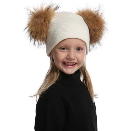 Double Pompones Beanies Cute Girls Boy Baby Winter Hat For Kids Mom Warm Knitted Cap Girls Boys Casual White Black Beanie
