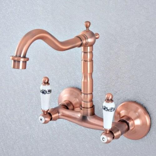 Basin Faucets Antique Red Copper Wall Mounted Kitchen Bathroom Sink Faucet Dual Handle Swivel Spout Hot Cold Water Tap Nsf871