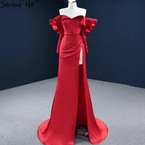 Serene Hill Red Mermaid Sexy Evening Dresses 2020 Long Sleeves Beading Elegant Off Shoulder Party Gowns For Women DHM67204