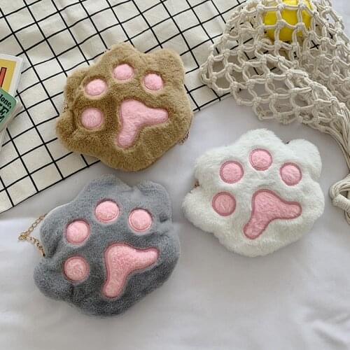 Cute Bear Paw Girls Chain Zipper Shoulder Bag Lovely Childrens Soft Plush Coin Purse Baby Boys Accessories Small Crossbody Bags
