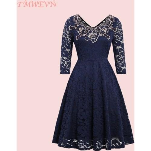 TMWEVN Lace Dress Women 3/4 Long Sleeve Hemline Dresses Flower V-Neck Dress with Flower Floral