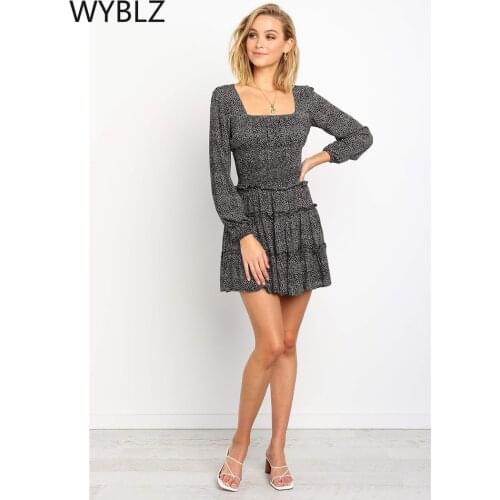WYBLZ Women Dress Beach Boho Floral Ruffle Long Sleeve Mini Dress Summer Knot Sexy Party Holiday Dresses Femme Vestido De Mujer