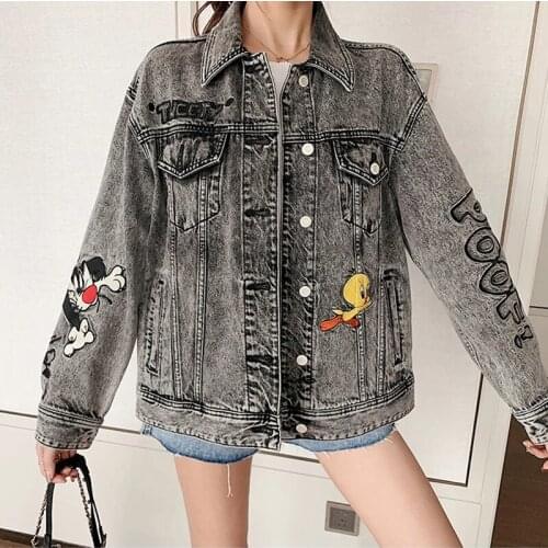 Moramoon Denim Jacket Female Spring Autumn Loose Single Breasted Embroidery Cartoon Pattern Long-Sleeved Korean Womens Coat 28
