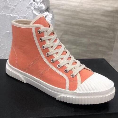 Woman Shoes Orange High-top Canvas Shoes Leather Lining Diagonal Stripes Rubber Toe Casual Shoes Street Girls All-match Flat