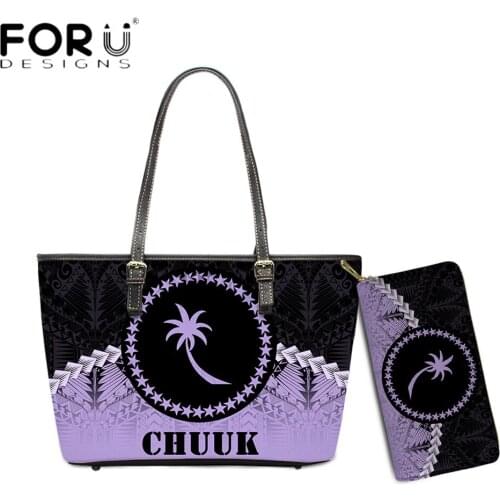 FORUDESIGNS Chuuk Polynesian Tribal Purple Color Printing Women Shoulder Bag With Purse Set Female Brand Design Bolsa Femme
