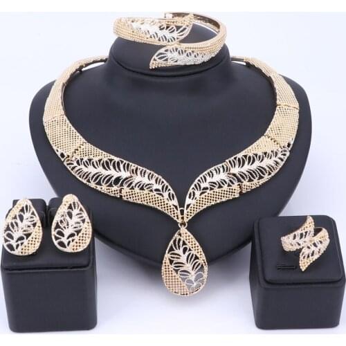 Women Jewelry Sets Wedding Fashion Leaf Gold Color Crystal Vintage Party Statement Big Necklace Accessories