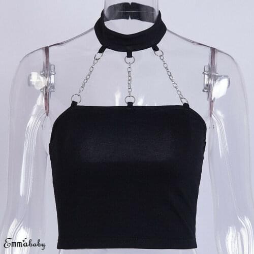 Women Sexy Solid Punk Style Metal Choker Halter Neck Crop Top Sleeveless Ladies Cami Backless Buckle Crop Top Summer Shirt
