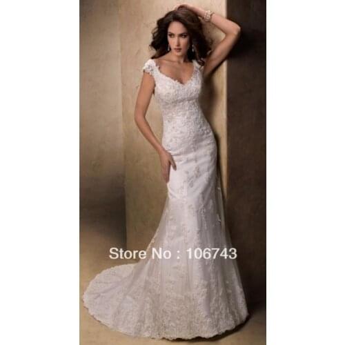 Dress free shipping 2016 Ivory Lace Cap Sleeve Wedding Dress Sheath Mermaid V-neck Bridal Gown Dresses