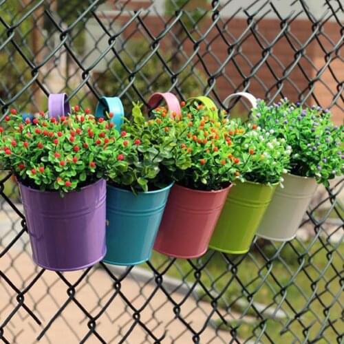 1pcs Colorful Metal Iron Bucket Flower Pot Hanging Detachable Hook Pastoral Balcony Garden Plant Planter Home Decor