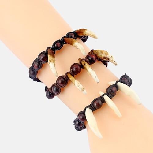 1pcs Yak Bone Spike Wolf Tooth wood beads Wax Cord Chain Necklace Jewelry Bijoux Gift