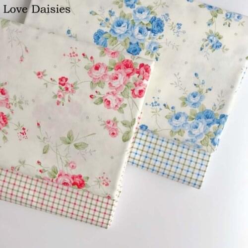 100% cotton twill pastoral PINK BLUE rose floral flowers check fabric for DIY crib bedding apparel dress crafts handwork decor