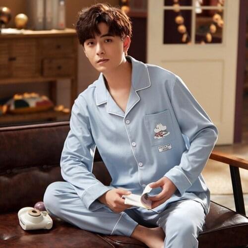2020 Autumn Winter Long Sleeve Cotton Pajama Sets for Men Korean Cute Cartoon Sleepwear Suit Pyjamas Male Homewear Home Clothes