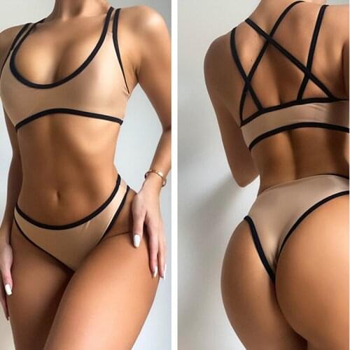 2021 Khaki Bandage Swimwear Women Padded Bikini Set Maio Biquini Mujer Banador Badpak Dames Monokini Maillot Femme Damskie