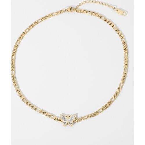 14K Gold Plated Stainless Steel Zircon Butterfly Pendant Necklace For Women Girls Figaro Chain Choker Jewelry