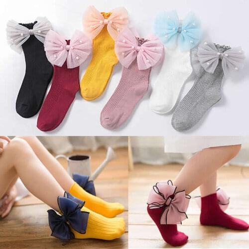 Girls organza butterfly children socks short new cotton pearl bow toddler girls tube socks princess sock