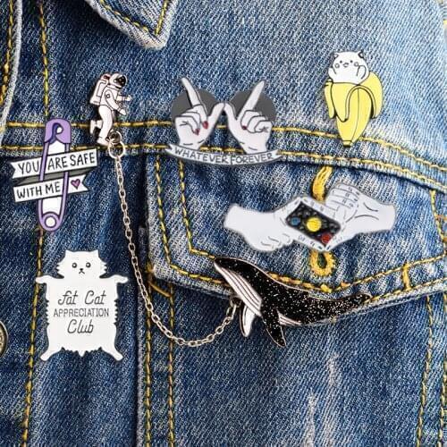 Whatever Forever enamel pin Lonely astronaut and blue whale Cute Fat cat brooch Shirt bag Lapel pin badge jewelry Gift wholesale