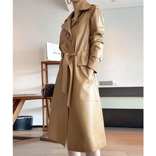High End Spring New Sheepskin Coat with Belt Elegant Womens Khaki Windbreaker Slim Temperament Long Leather Jacket High Quality