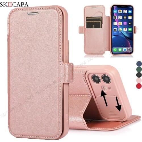 Leather Soft Silicone Wallet Flip Phone Case For iPhone 12 Mini 11 Pro Max XR XS Max 7 8 Plus Slide Lens Protection Stand Cover