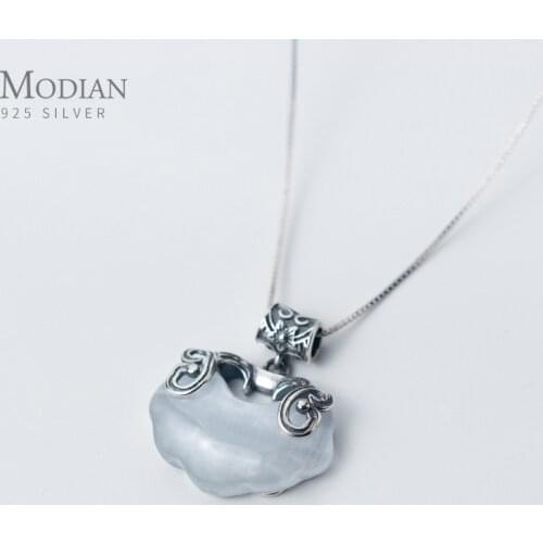 Modian New Sterling Silver 925 Retro Longevity Lock White Opal Pendant Necklace for Women Ethnic Style Fine Jewelry No Necklace
