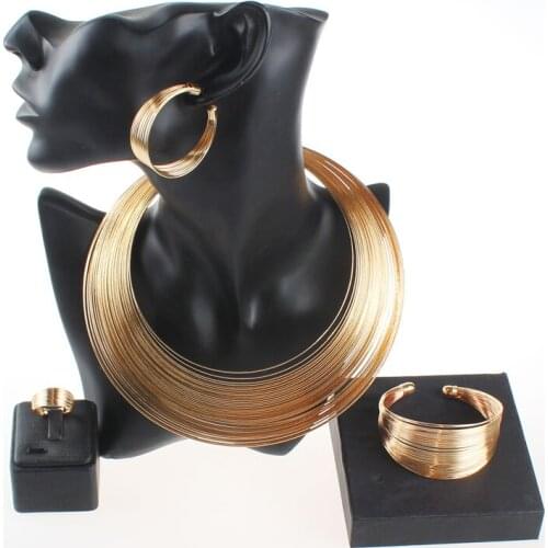 Fashion Dubai Gold Color Nigerian Wedding African Beads Opened Cuff Necklace Bangle Earrings Ring Party Statement Jewelry Set