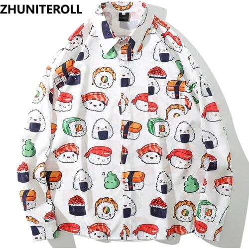 Harajuku Men Hawaiian Shirt Hip Hop Cartoon Print Button 2021 Beach Shirt Summer Long Sleeve Aloha Shirt Streetwear Fashion Tops