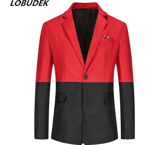 Mens Stylish Patchwork Color Blazer Red Black Splicing Slim Fit Tuxedo Costume Bar Singer Team Stage Performance Suit Jacket