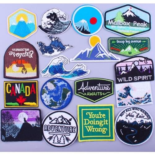 Outdoor Mountain Sun Patch Embroidered Patches For Clothing Adventure Camping Hiking Stripe Iron On Patches For Clothes Applique