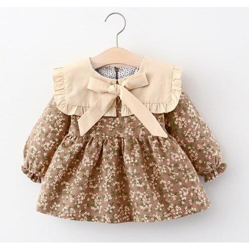 0-3Y Autumn Baby Girls Dress Flowers Print Bowknot Long Sleeve A-Line Mini Princess Dress