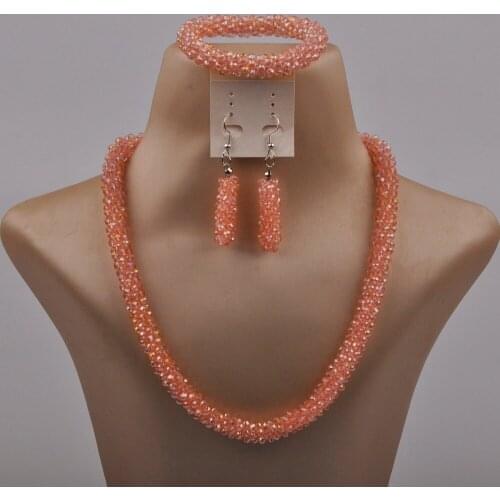 Peach Crystal Beaded African Jewelry Set European and American Fashion Necklace Earrings Bracelet Set